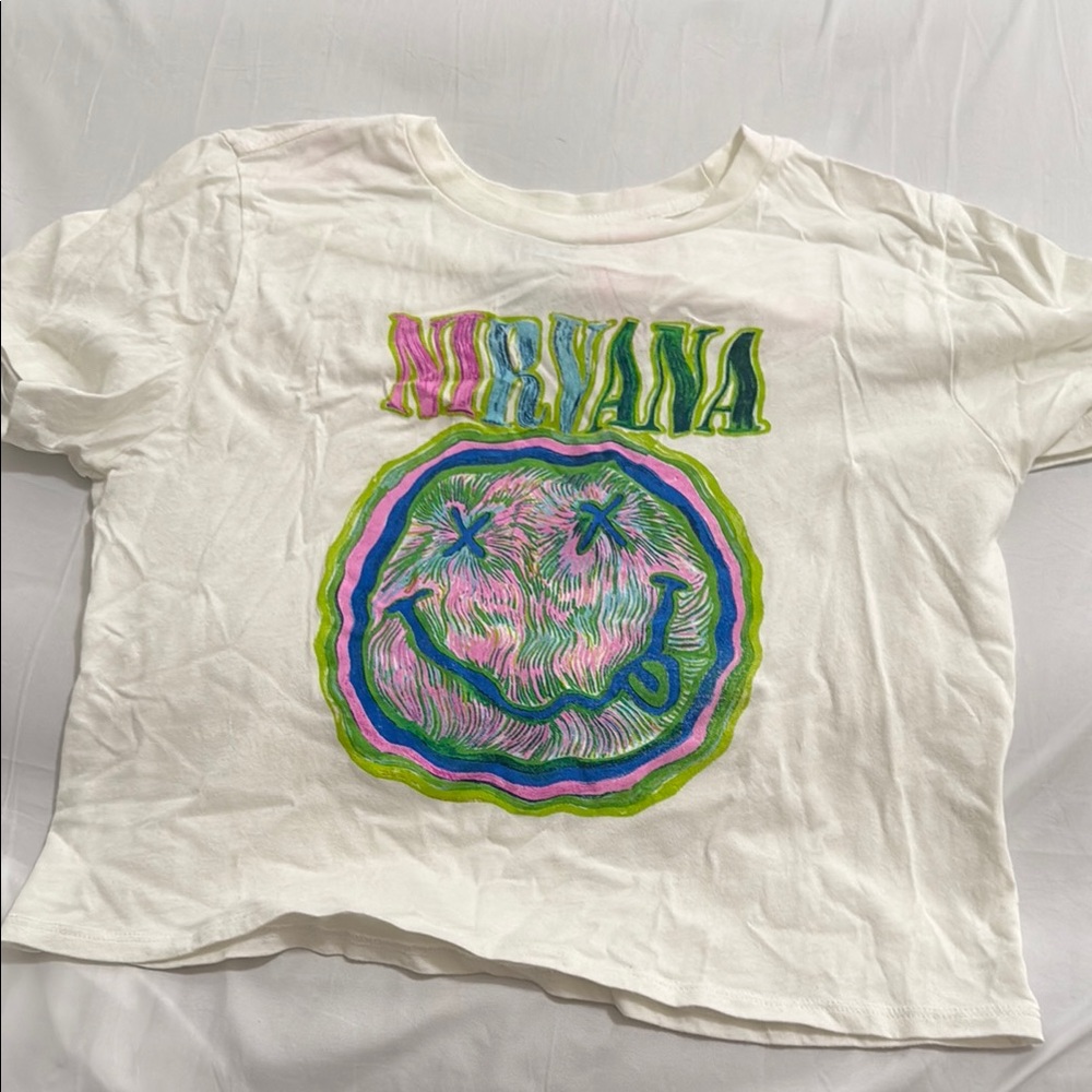 NIRVANA Green and White Short Sleeve Tee Graphic Design